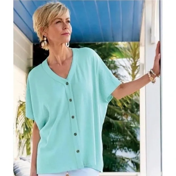 Soft Surroundings Aqua Blue Knit Top Size L/XL - Picture 1 of 11